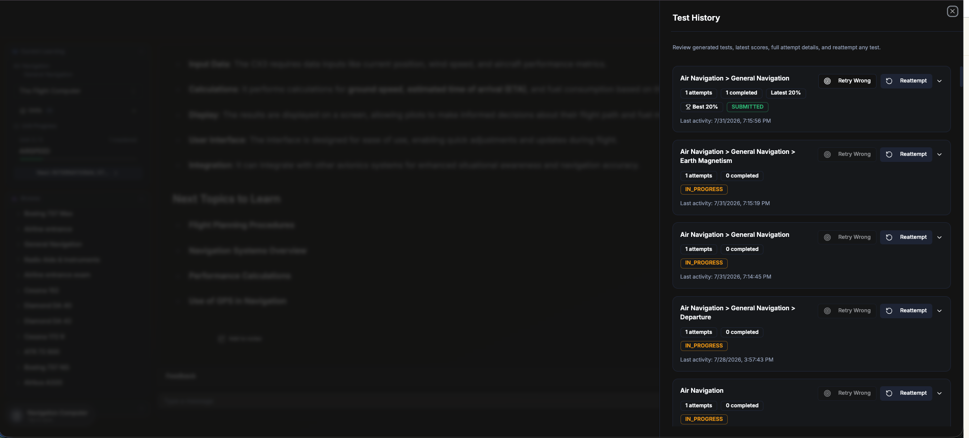 Profly test history interface